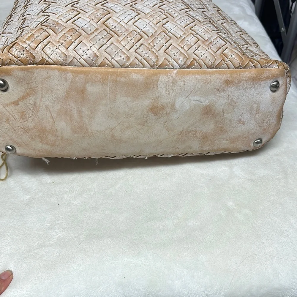 PATRICIA NASH White & Brown BRAIDED STITCH Leather MARCELLINA Hobo Bag